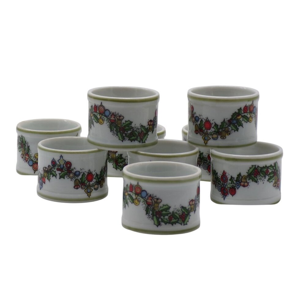 Set-9 Christmas Theme Bone China Napkin Rings w/Festive Ornament & Holly Design